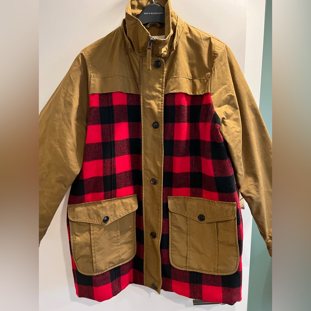 Orvis  red black wool buffalo plaid canvas, barn coat, field jacket